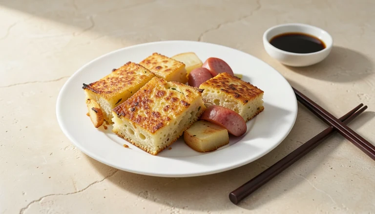 AI illustration of pan-fried turnip cake with a golden crust