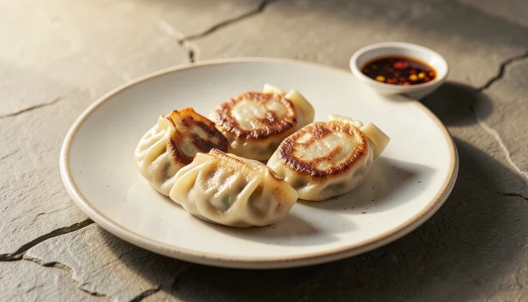 AI illustration of pan-fried dumplings with a browned bottom