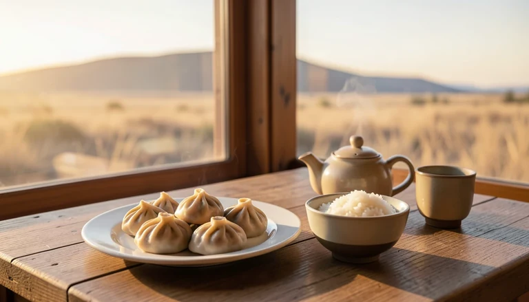 AI illustration of An imagined shared Chinese table: a plate of dumplings, a bowl of rice and a pot of tea in warm evening light, with no restaurant signage.