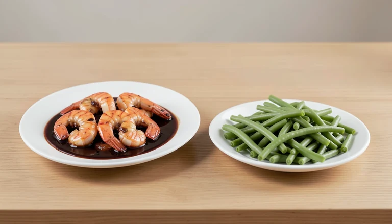 AI illustration of Generic illustration of cooked shrimp with black-bean sauce and string beans in two dishes.