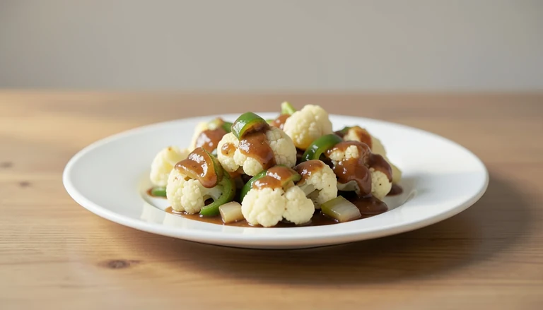 AI illustration of cauliflower florets, peppers and onions with sauce