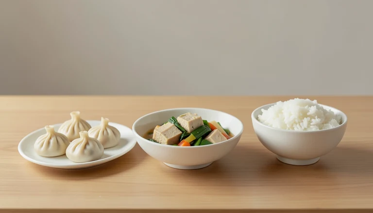AI illustration of Illustration of a shared meal with closed dumplings, tofu and vegetables, and rice.