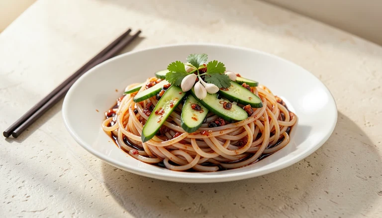 AI illustration of wide cold skin noodles with chili oil and cucumber
