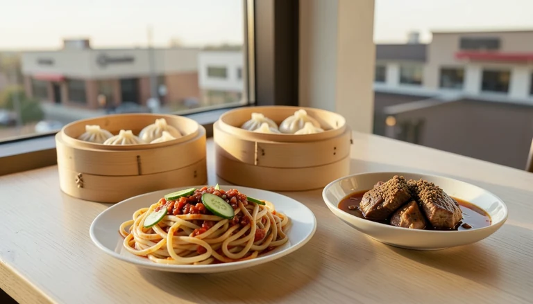 AI illustration of An imagined shared Chinese table: a bamboo steamer of pork soup dumplings, cumin-seasoned lamb skewers, a bowl of chili-oil noodles, and mapo tofu with rice, beside tea and chopsticks.
