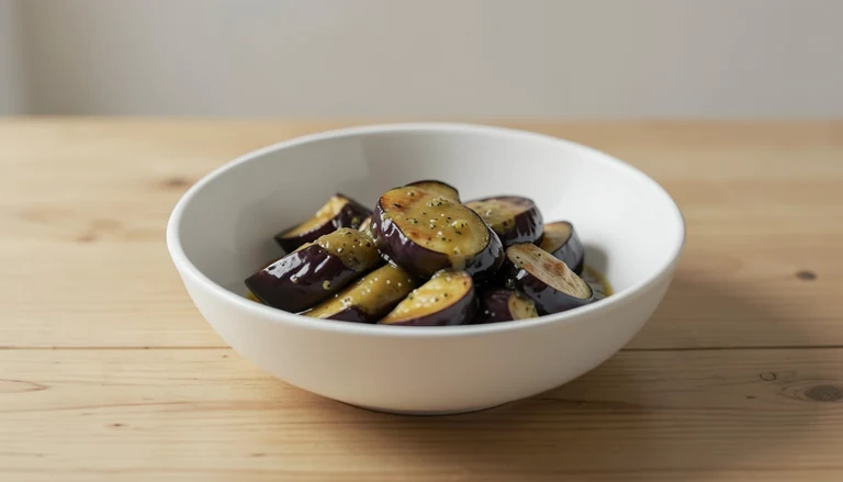 AI illustration of Generic editorial illustration of cooked eggplant with garlic sauce.