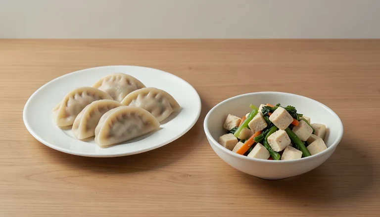 AI illustration of Generic editorial illustration of cooked pork dumplings and tofu with vegetables in separate dishes.