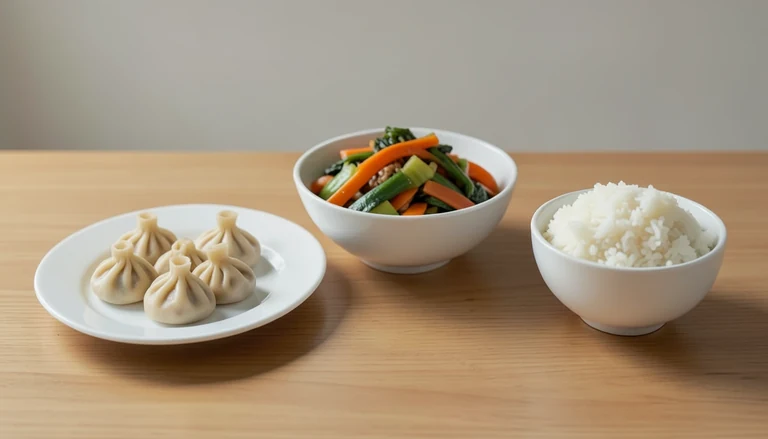 AI illustration of Illustrated shared table with closed dumplings, cooked vegetables and rice.