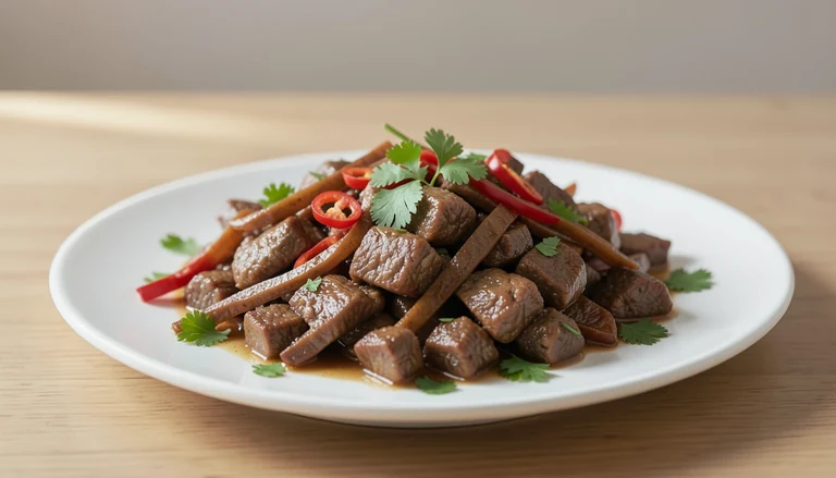 AI illustration of small cooked meat pieces with cumin and vegetables