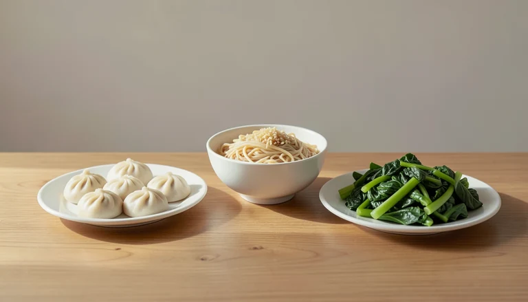 AI illustration of Illustration of a shared table with closed dumplings, noodles and cooked greens.