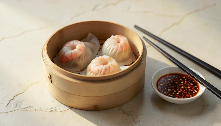AI illustration of steamed shrimp dumplings with translucent wrappers in a bamboo steamer