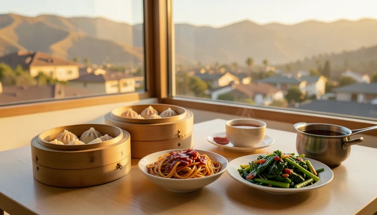 AI illustration of An imagined shared Chinese table in warm evening light: bamboo steamers of shrimp dumplings and siu mai, a bowl of hand-made noodles in red chili oil, a clay pot of three-cup chicken, and a bowl of congee with preserved egg, with no restaurant signage.