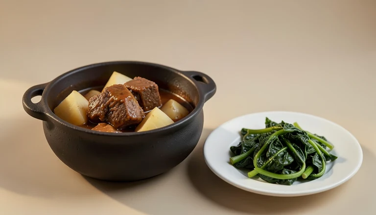 AI illustration of braised beef and daikon in a clay pot beside garlic greens