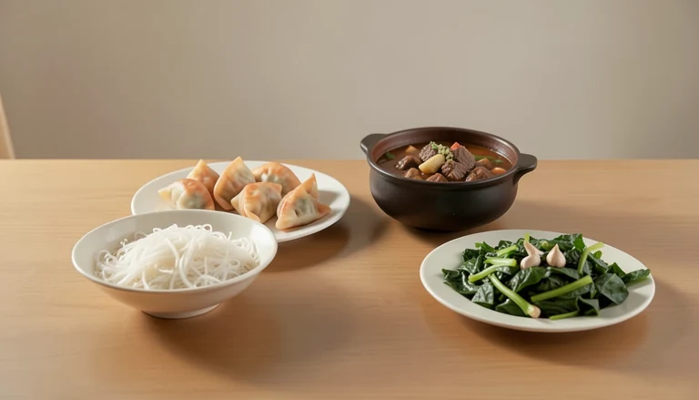 AI illustration of Illustrated shared table with rice vermicelli, dumplings, a clay pot and garlic greens.
