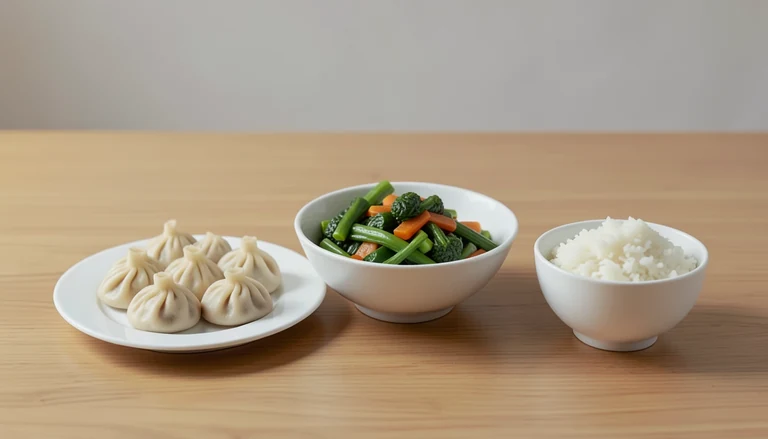 AI illustration of Illustrated shared table with closed dumplings, cooked vegetables and rice.
