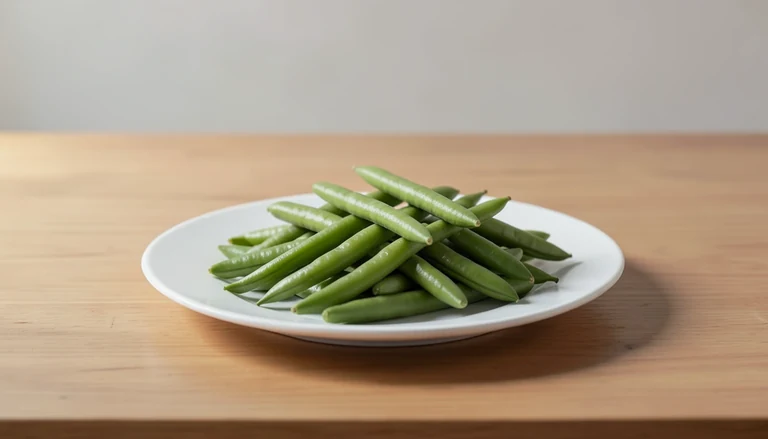 AI illustration of Illustration of cooked green beans on a plain plate.