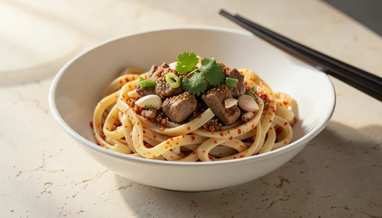 AI illustration of wide hand-ripped noodles with chili oil, cumin lamb and scallion