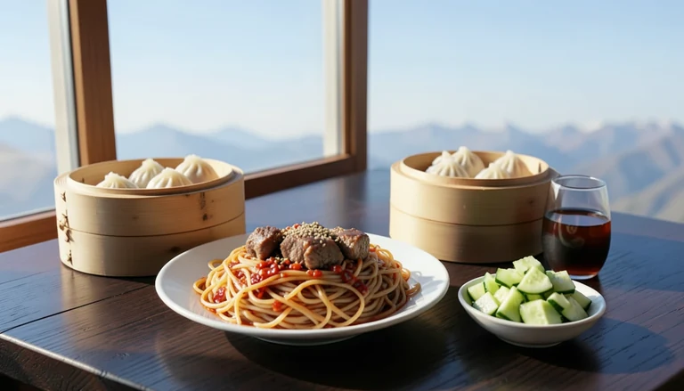 AI illustration of An imagined shared Chinese dinner table: a bamboo steamer of pleated dumplings, a bowl of chili-oil noodles, sliced roast duck, and a small pot of hot broth, with tea and chopsticks on a wooden table.