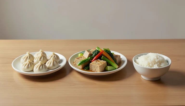 AI illustration of Illustration of a shared meal with closed dumplings, tofu and vegetables, and rice.