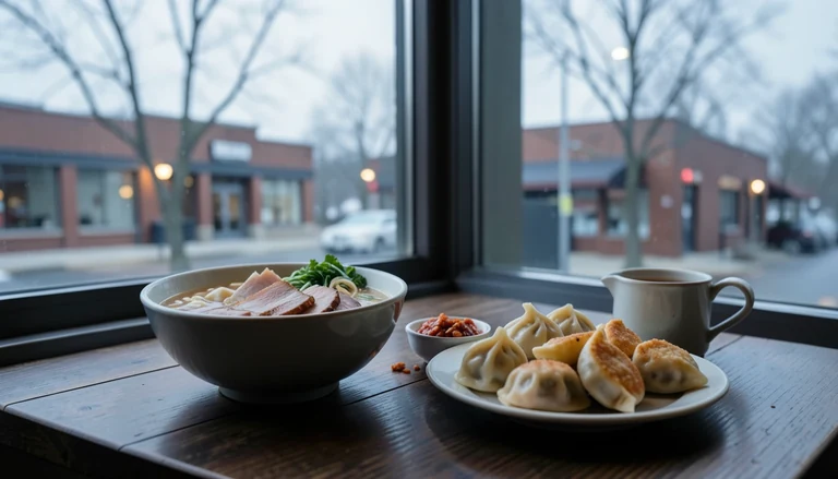AI illustration of An imagined suburban dinner table at dusk: a bowl of chili-oil noodles, a bamboo steamer of soup dumplings, a split hot pot, and a plate of mapo tofu, with tea and chopsticks beside a window.