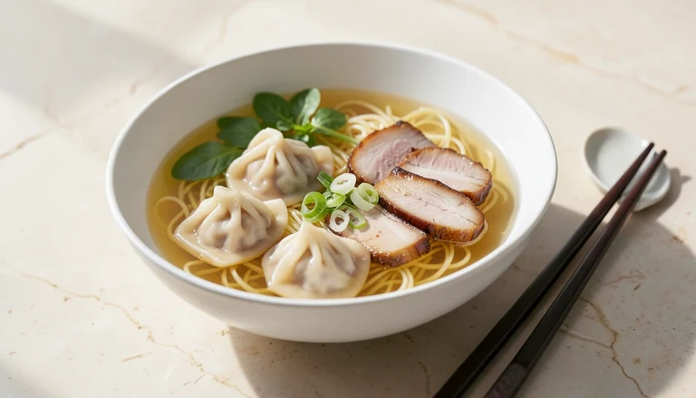AI illustration of wonton noodle soup with roast pork, greens and scallion