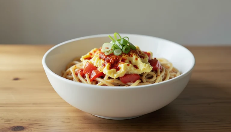 AI illustration of wheat noodles with tomato and egg