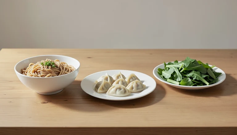 AI illustration of Illustrated shared table with dumplings, noodles and vegetables; no real restaurant depicted.