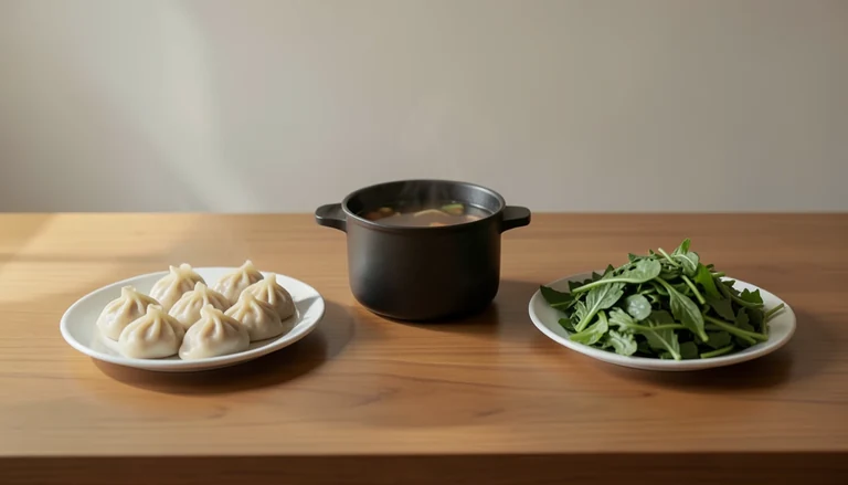 AI illustration of Illustrated shared table with dumplings, a hot-soup pot and leafy greens; no real restaurant depicted.