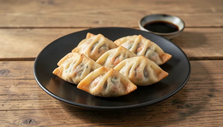 AI illustration of pot stickers with a crisp fried face and pleated tops