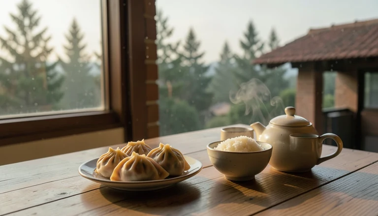 AI illustration of An imagined shared Chinese table: a plate of dumplings, a bowl of rice and a pot of tea in warm evening light, with no restaurant signage.