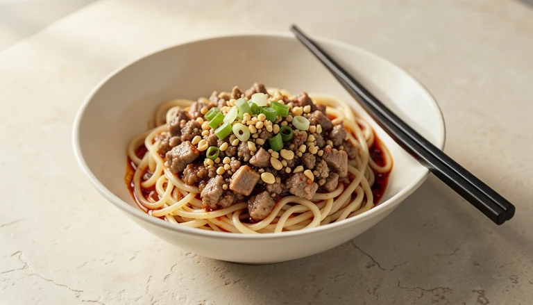 AI illustration of noodles in chili oil with minced pork, peanuts and scallion