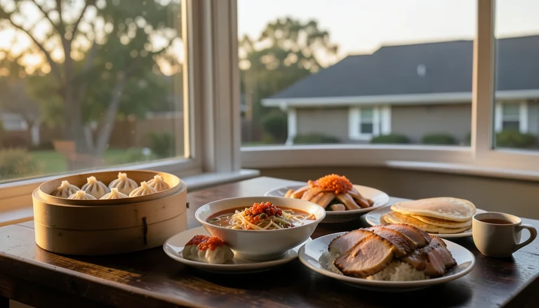 AI illustration of An imagined shared Chinese table: a bamboo steamer of dumplings, a bowl of rice noodle soup with chili oil, a plate of crab roe rice, sliced roast duck and a pot of tea in warm evening light, with no restaurant signage.