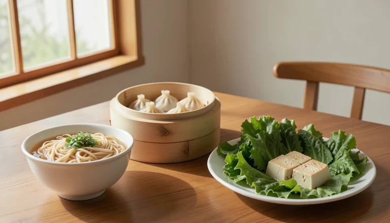 AI illustration of An illustrated shared table of Chinese noodles, dumplings, greens and tofu, imagined rather than photographed at a restaurant.