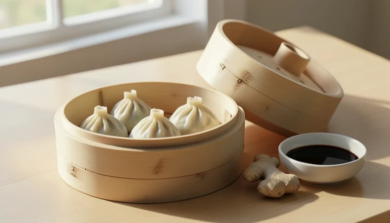 AI illustration of small pleated soup dumplings in a bamboo steamer beside black vinegar and ginger