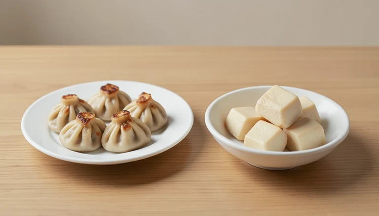 AI illustration of Generic editorial illustration of cooked vegetable dumplings and tofu in separate dishes.