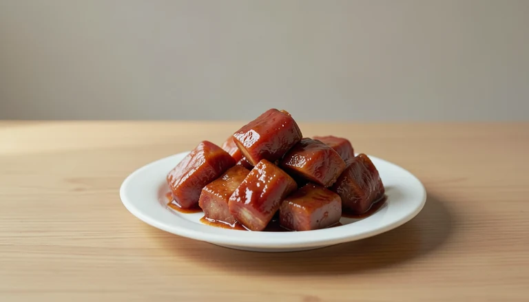 AI illustration of Generic illustration of cooked red-braised pork pieces.