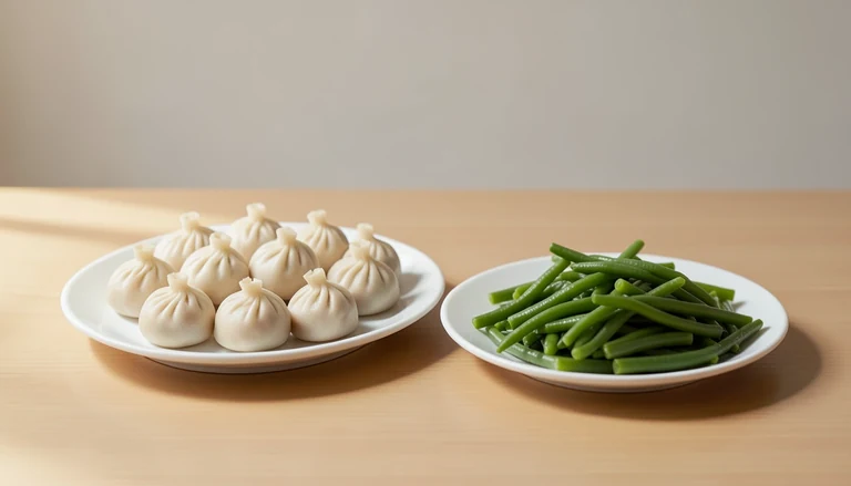 AI illustration of Generic illustration of cooked soup dumplings and garlic green beans in two dishes.