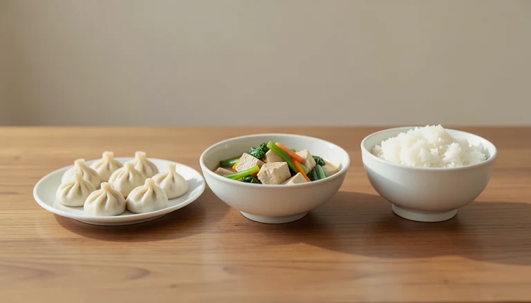 AI illustration of Illustration of closed pleated dumplings beside tofu and vegetables and white rice.