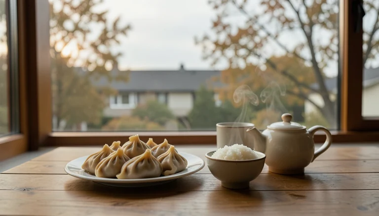 AI illustration of An imagined shared Chinese table: a plate of dumplings, a bowl of rice and a pot of tea in warm evening light, with no restaurant signage.