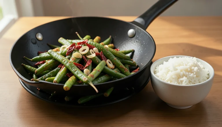 AI illustration of dry-fried string beans with garlic and dried chili