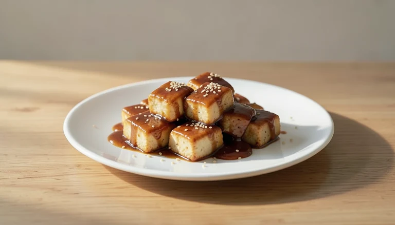 AI illustration of cooked tofu pieces with glossy sauce
