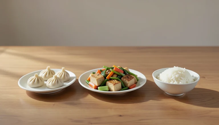 AI illustration of Illustration of a shared meal with closed dumplings, tofu and vegetables, and rice.