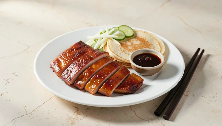 AI illustration of sliced Peking duck with thin pancakes, scallion, cucumber and hoisin sauce