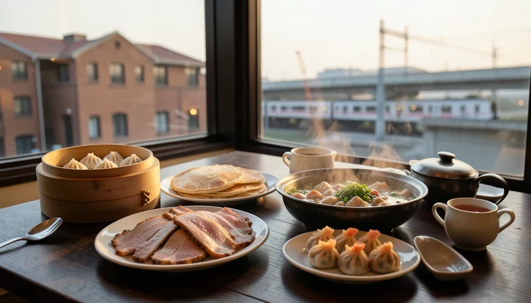 AI illustration of An imagined shared Chinese table in warm evening light: a bamboo steamer of soup dumplings, a plate of Peking duck with pancakes, a bubbling pot of coconut chicken hot pot, and a dish of chili-red Sichuan fish, with no restaurant signage.