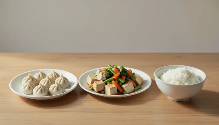 AI illustration of Illustration of a shared meal with closed dumplings, tofu and vegetables, and rice.