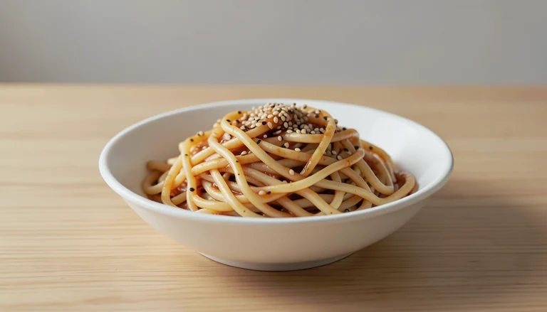 AI illustration of a bowl of noodles coated in sesame-peanut sauce