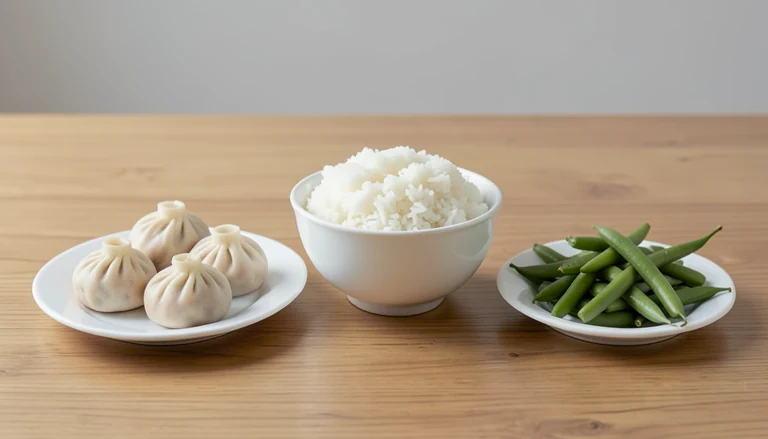 AI illustration of Illustration of closed pleated dumplings, white rice and green beans on separate dishes.