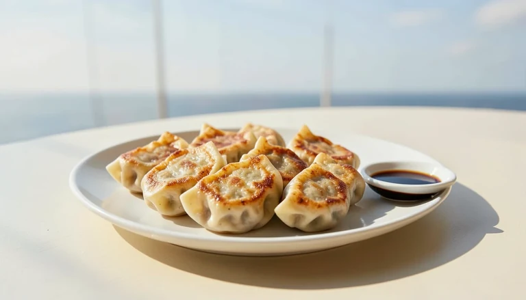 AI illustration of a plate of pan-fried dumplings beside a small dish of dark vinegar