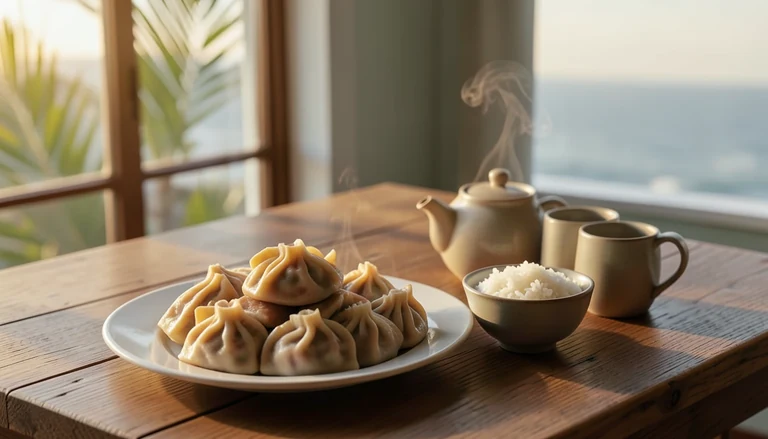 AI illustration of An imagined shared Chinese table: a plate of dumplings, a bowl of rice and a pot of tea in warm evening light, with no restaurant signage.
