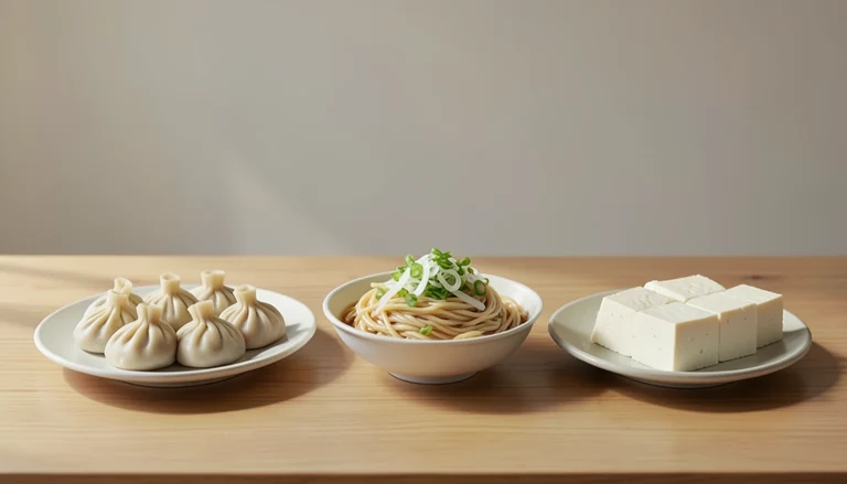 AI illustration of Illustration of a shared table with soup dumplings, scallion noodles and tofu.