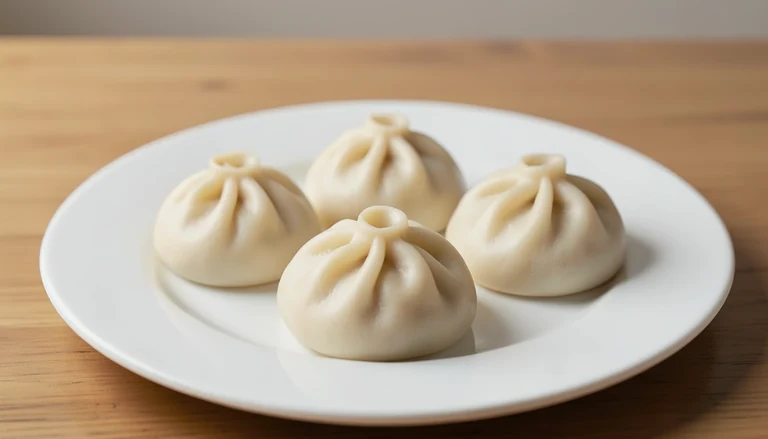 AI illustration of round closed pleated soup dumplings on a plain plate